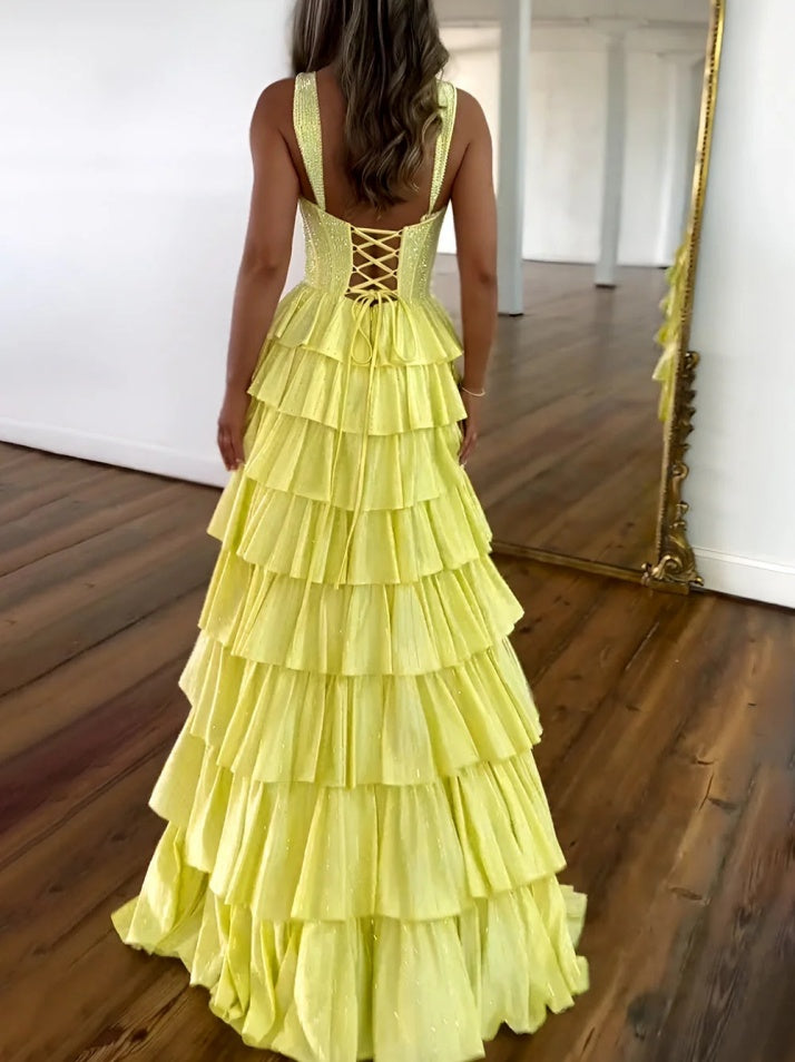 Yellow A Line Sparkly Prom Dress with Lace Up Back Tiered Skirt and Leg Slit