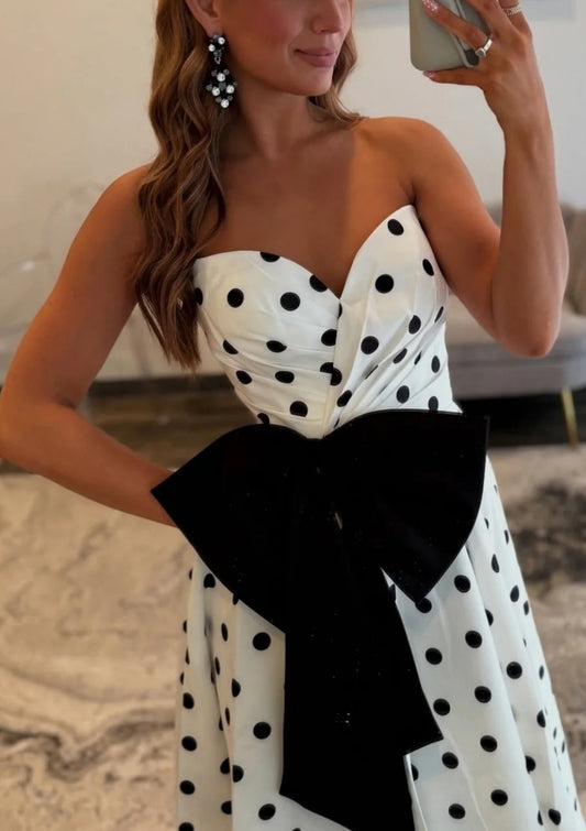 Elegant A Line Strapless Polka Dot Satin Long Prom Dress With Bow