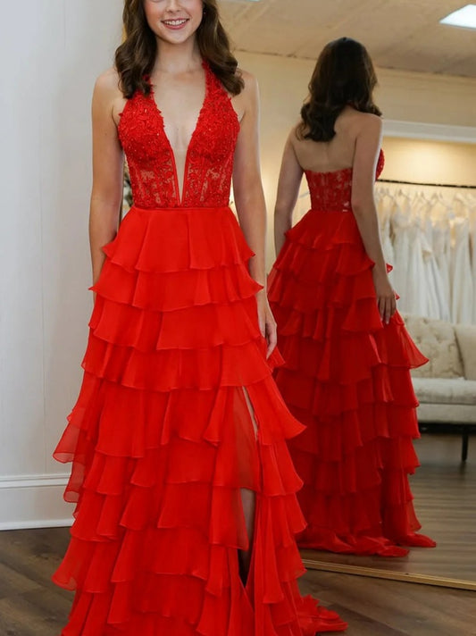 Blue Chiffon Prom Dress with A Line Shape Lace Top Halter Neck and Slit Accent