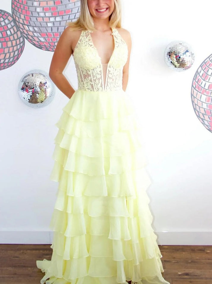 Blue Chiffon Prom Dress with A Line Shape Lace Top Halter Neck and Slit Accent