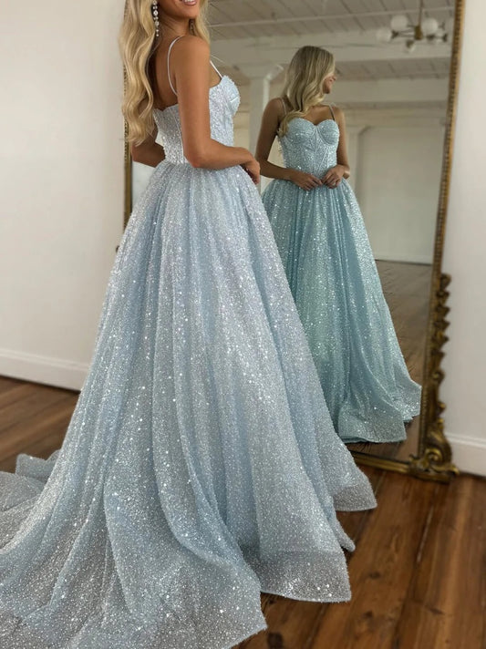 Light Blue Glitter Floor-Length Gown with Spaghetti Straps Prom Dress
