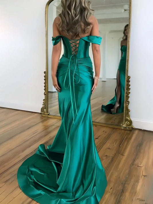 Mermaid Off the Shoulder Long Satin Gown with Slit Detail Prom Dress