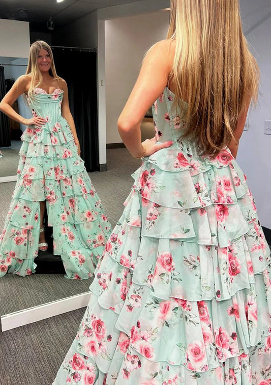 Mint Green Watercolor Floral Strapless Prom Dress with Sweetheart Tiered Chiffon Train