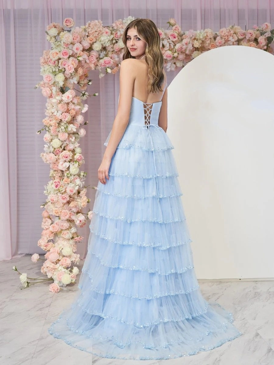 Sevoba|Light Blue Strapless Layered Tulle Prom Dress with Sequins