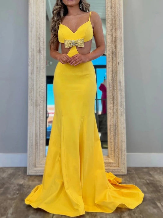 Sexy Yellow Mermaid Prom Dress with Spaghetti Straps Backless Design and Bowknot