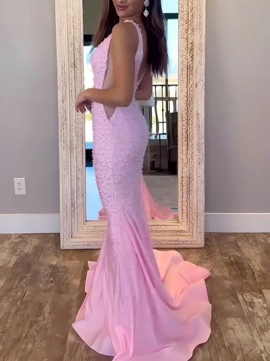 V-Neck Beaded Mermaid Prom Dress with Side Illusion