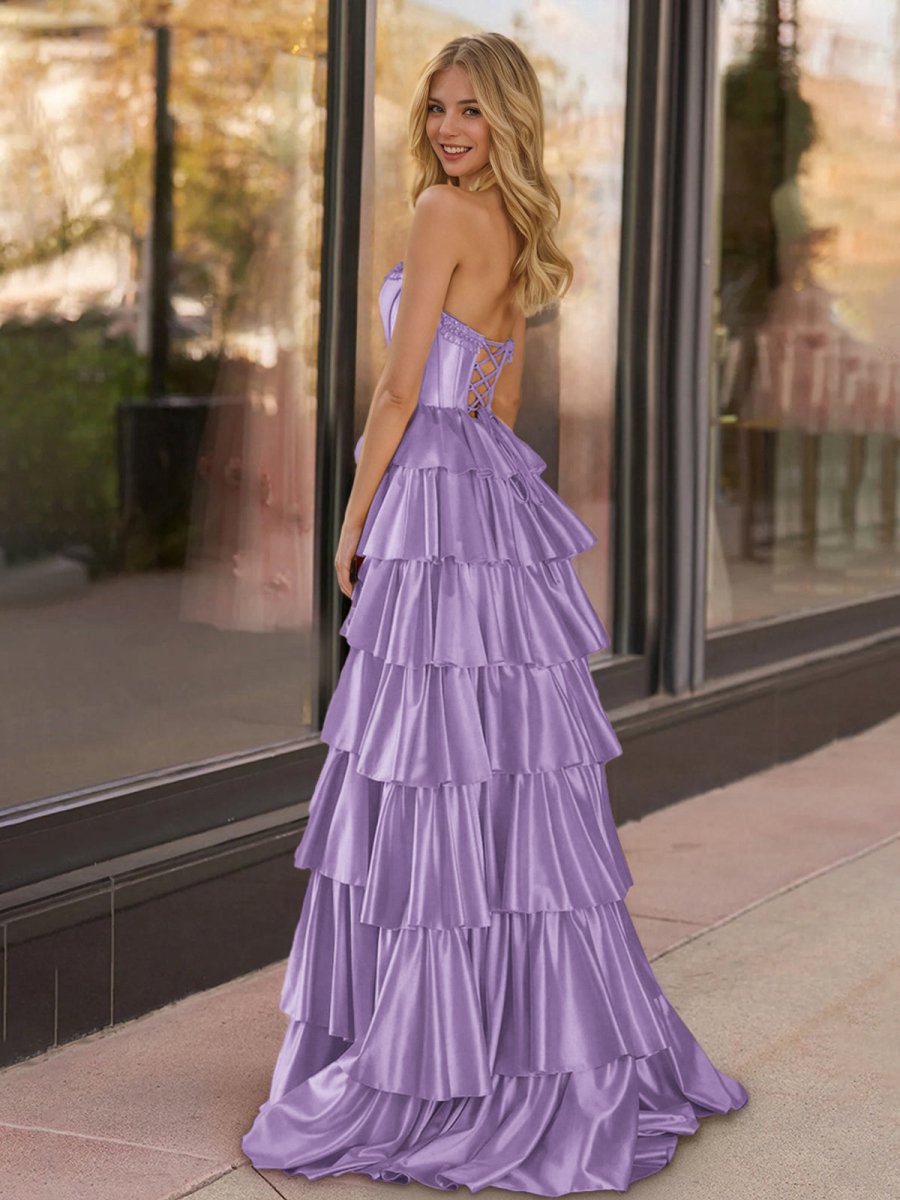 Sevoba | Yellow Strapless Satin Ruffle Tiered Beaded A Line Prom Dresses