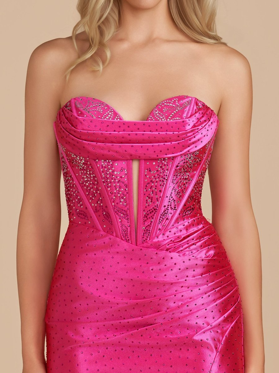 Sevoba|Fuchsia - Strapless Bodycon Satin Short Homecoming Dress With Beading