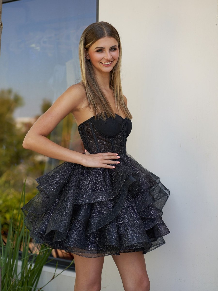 Sevoba|A-Line Tulle Black Short Homecoming Dress with Ruffles