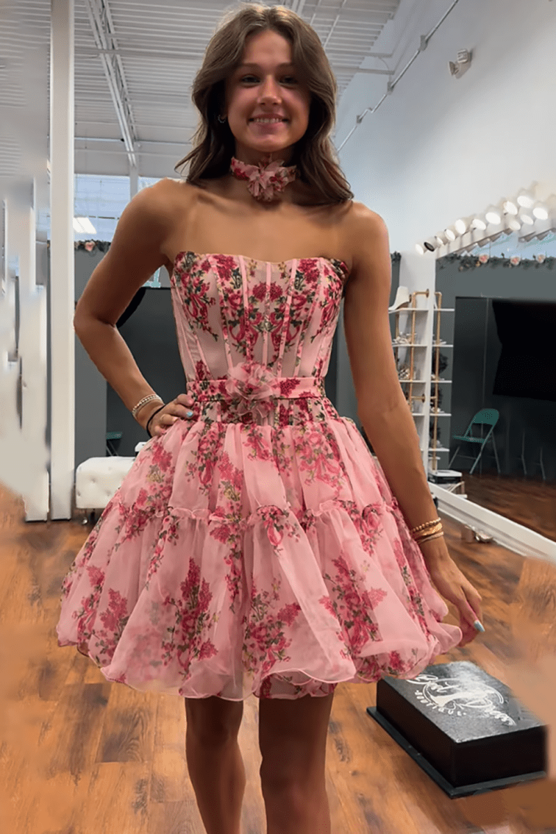 Sevoba|Pink - Strapless A-Line Floral Short Homecoming Dresses With Ruffles