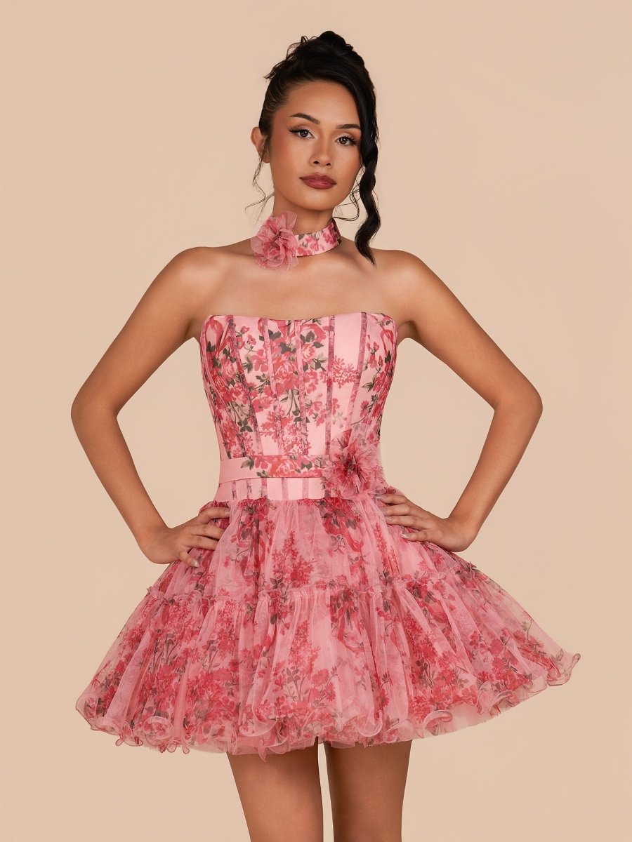Sevoba|Pink - Strapless A-Line Floral Short Homecoming Dresses With Ruffles