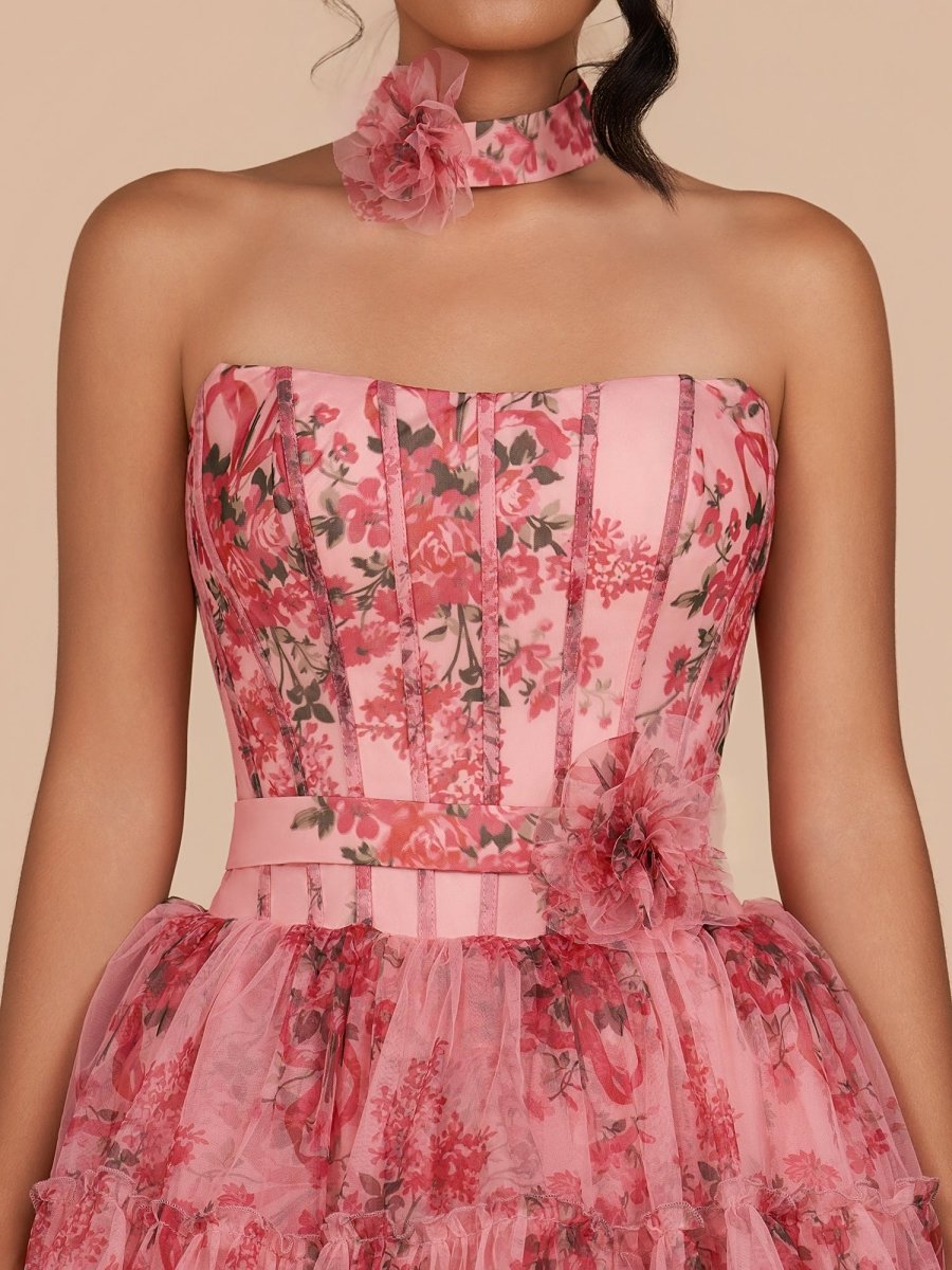 Sevoba|Pink - Strapless A-Line Floral Short Homecoming Dresses With Ruffles