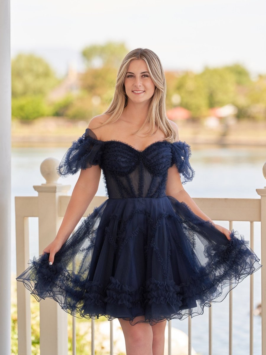 Sevoba|A Line Sweetheart Puff Sleeves Short Homecoming Dress With Ruffles