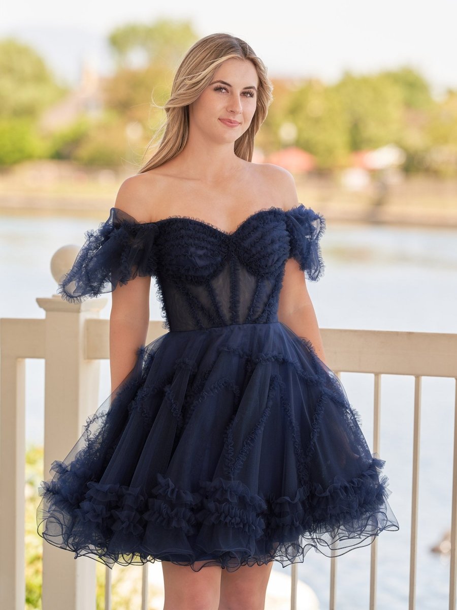 Sevoba|A Line Sweetheart Puff Sleeves Short Homecoming Dress With Ruffles