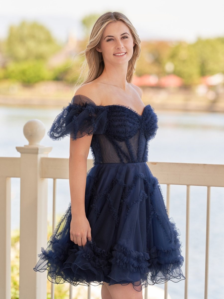Sevoba|A Line Sweetheart Puff Sleeves Short Homecoming Dress With Ruffles
