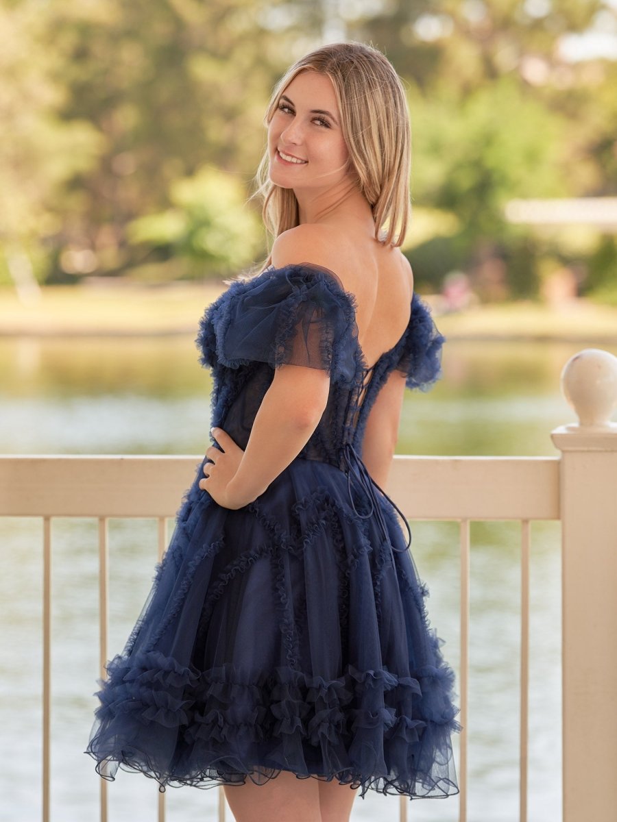 Sevoba|A Line Sweetheart Puff Sleeves Short Homecoming Dress With Ruffles