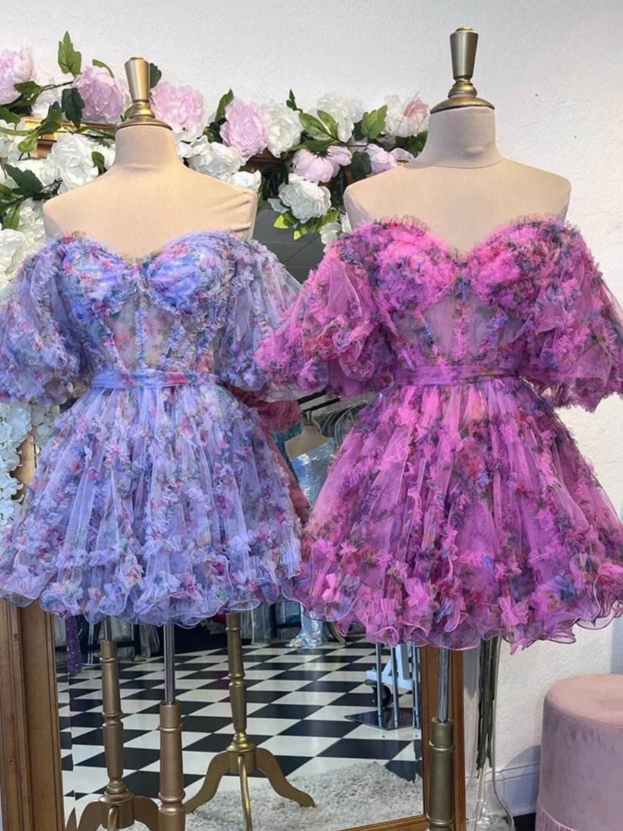 Sevoba|Sky Blue A Line Off the Shoulder Printed Homecoming Dress