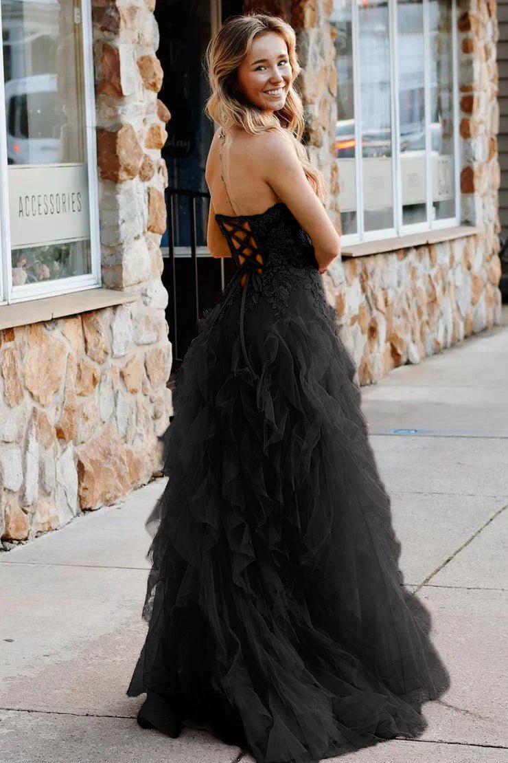 Kaycee | A-Line Coral Tulle Strapless Layered Prom Dress with Appliques