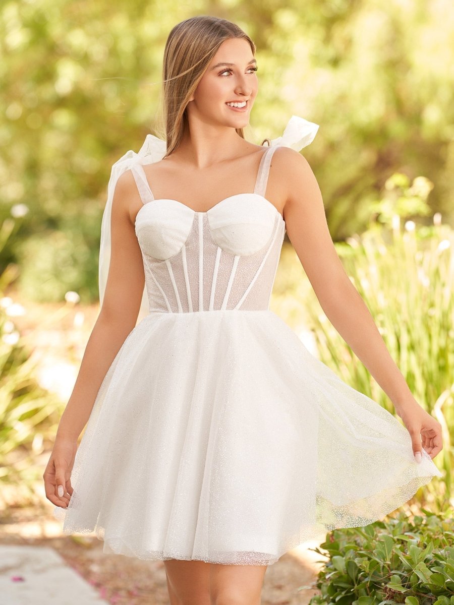 Sevoba|A-Line Tie Shoulder Ivory Spraying Short Party Dress