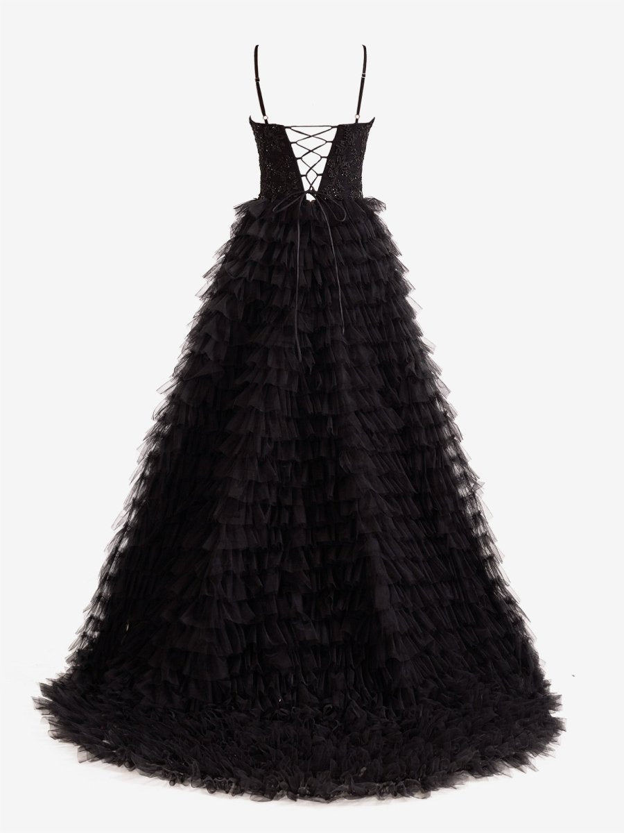 Black A-Line Tiered Sequins Tulle Long Prom Dress