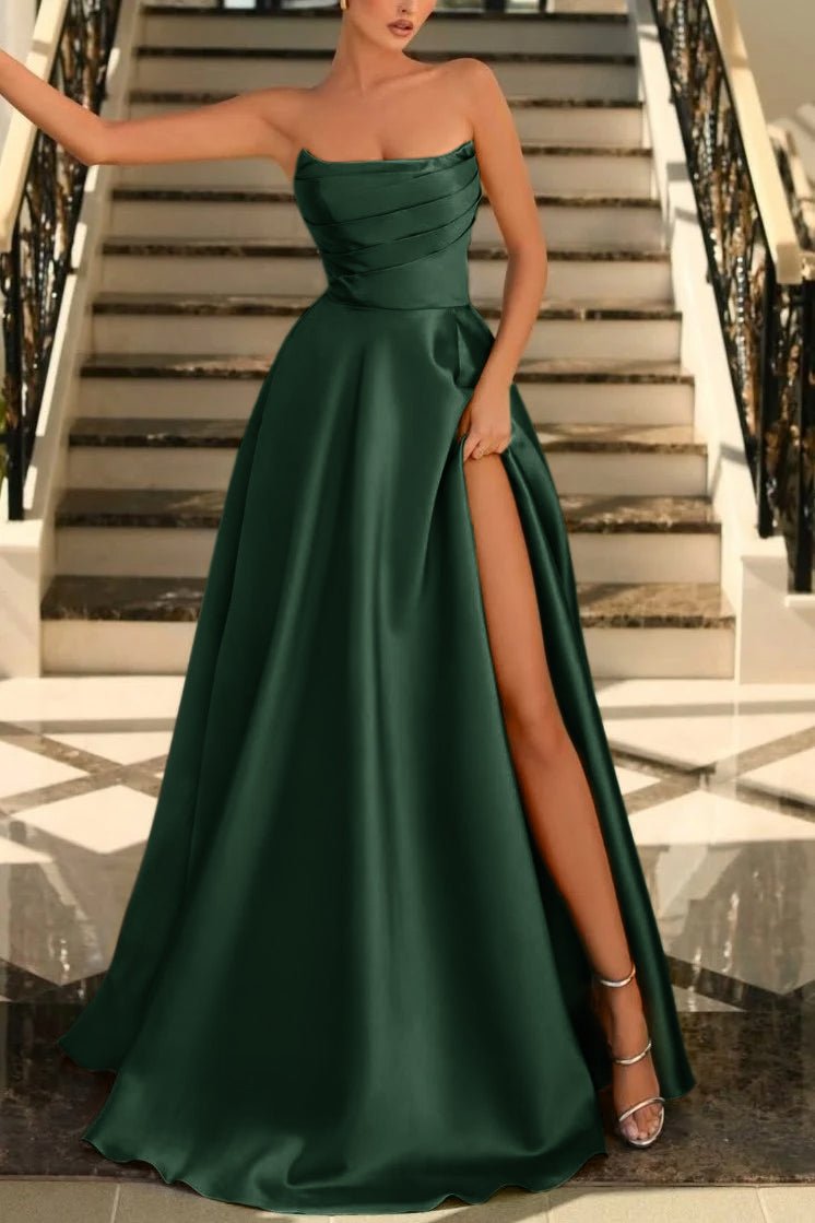 Lachlan | Satin A-Line Scoop Empire-Waist Pleated Satin High Slit Formal Prom Dress