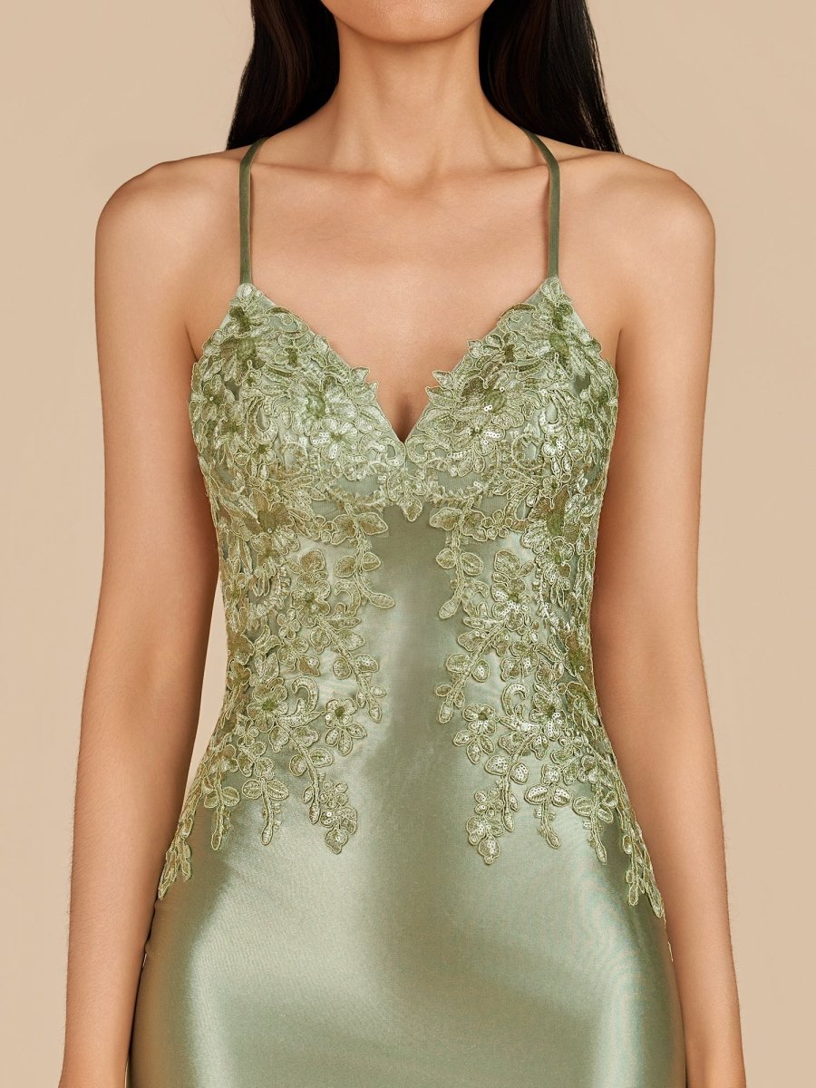 Sevoba|Sage - V Neck Bodycon Satin Sequins Homecoming Dresses With Appliques