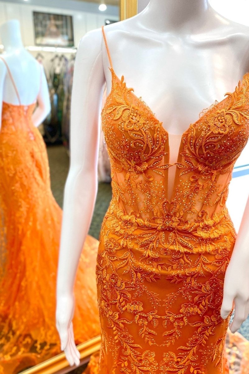 Lesha | Orange Lace Spaghetti Straps Mermaid Long Formal Dress