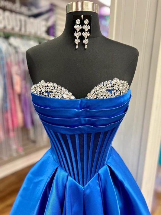Liabelle | A-Line Beaded Sweetheart Royal Blue Satin Prom Dress