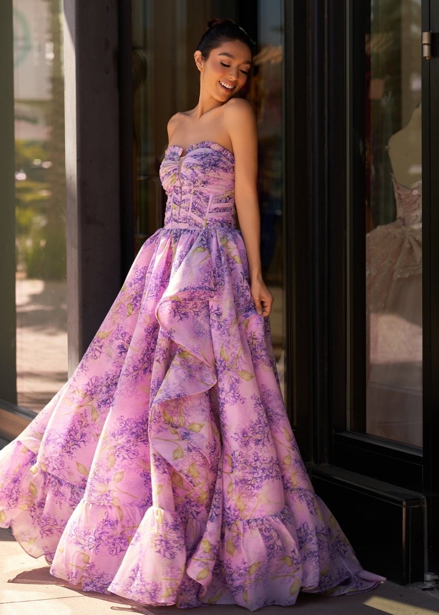 Sevoba|Lilac A-Line Corset Detachable Sweetheart Floral Long Prom Dress