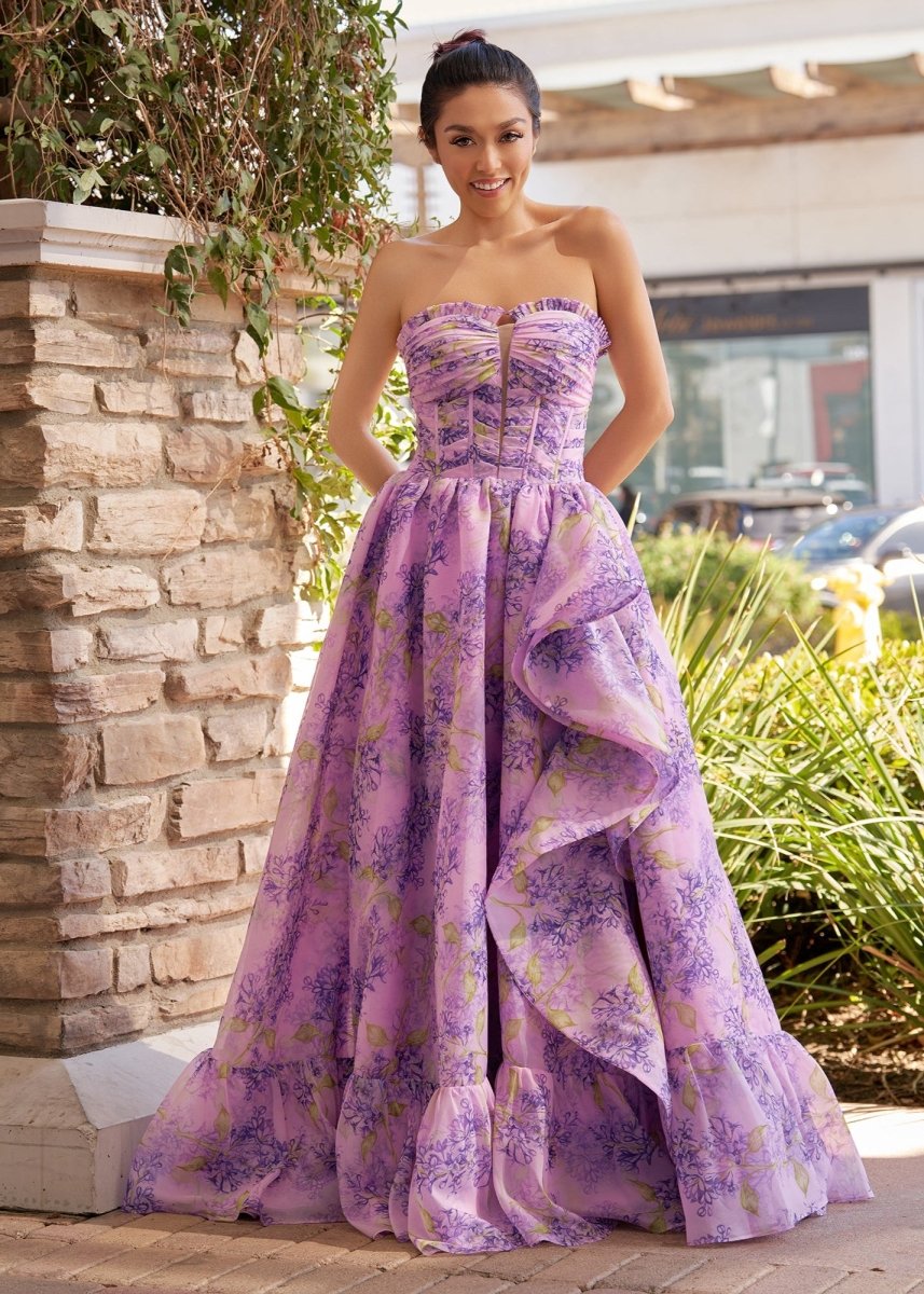 Sevoba|Lilac A-Line Corset Detachable Sweetheart Floral Long Prom Dress