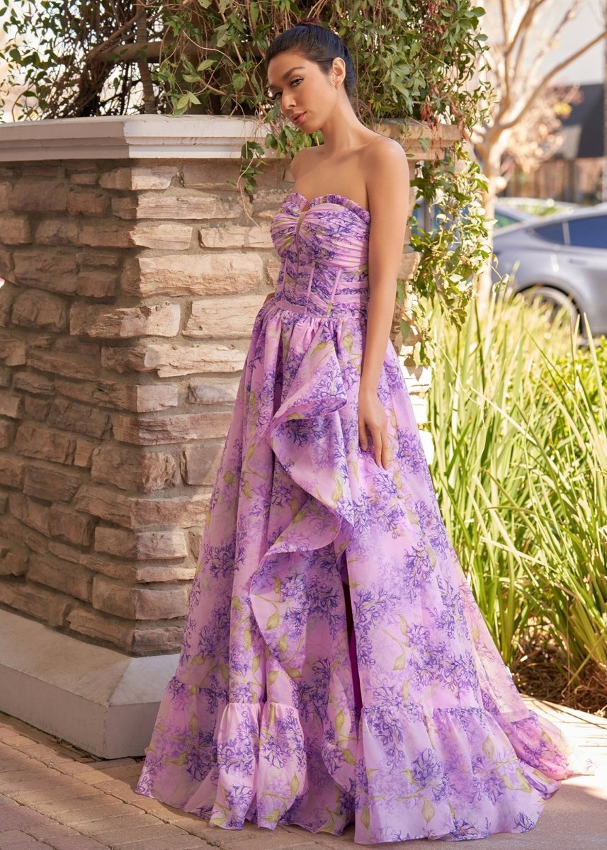 Sevoba|Lilac A-Line Corset Detachable Sweetheart Floral Long Prom Dress
