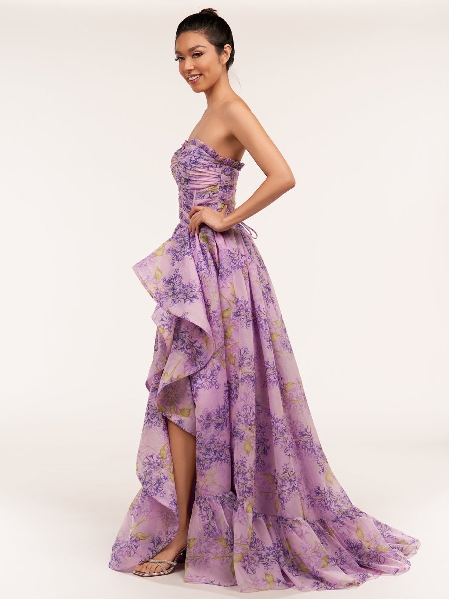 Lilac A-Line Corset Detachable Sweetheart Floral Long Prom Dress
