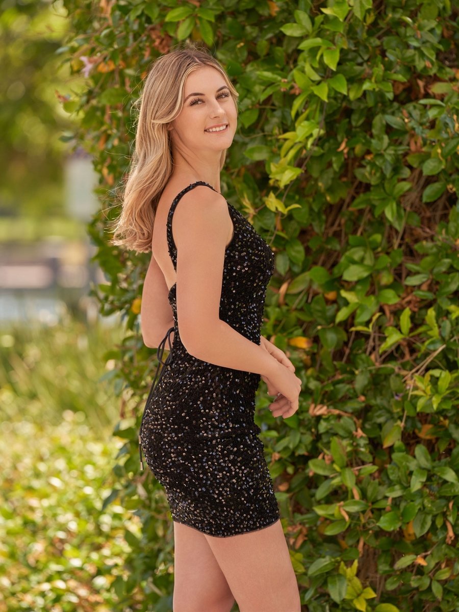 Sevoba|Tight Sequins Black One Shoulder Homecoming Dress