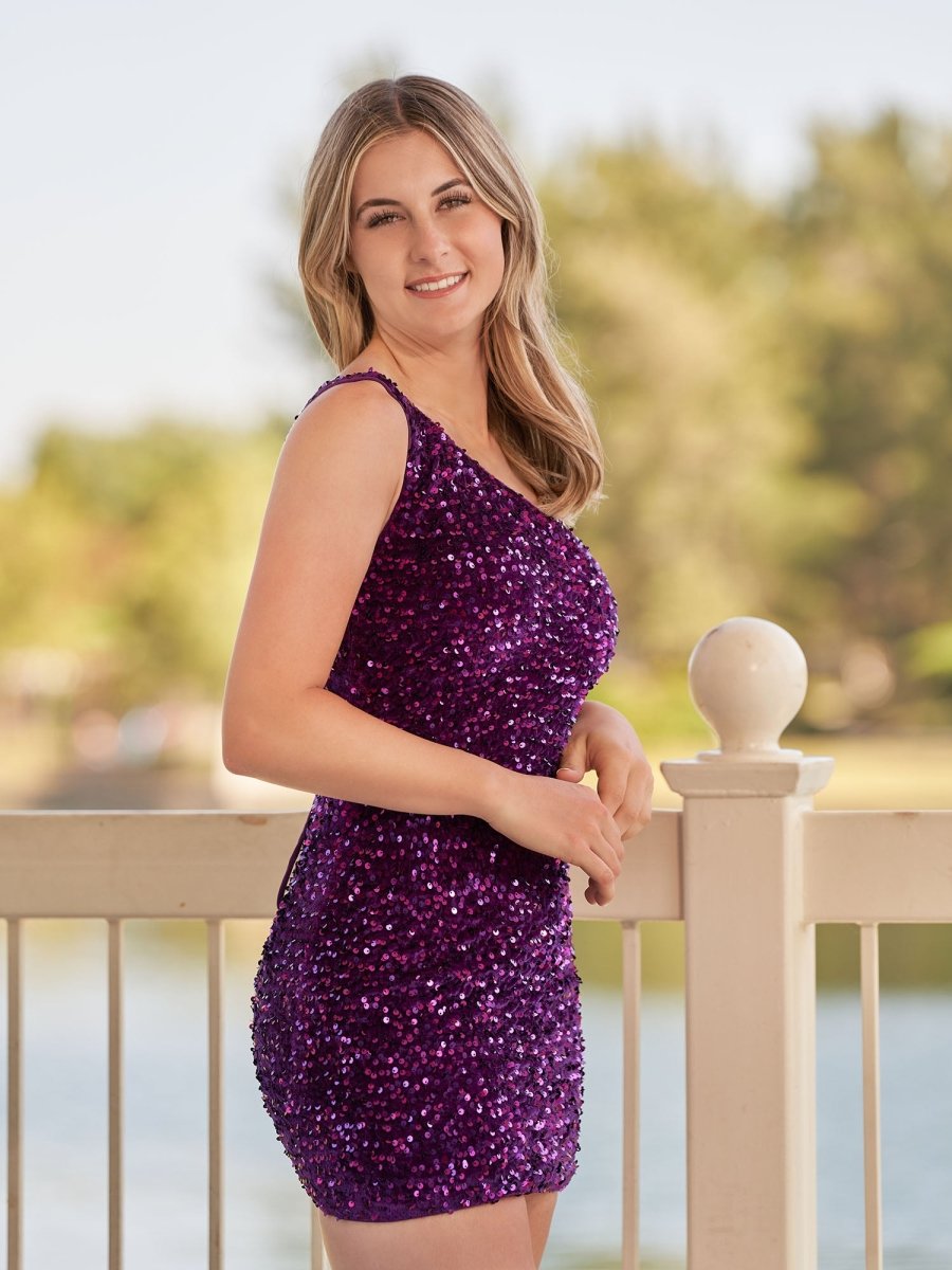 Sevoba|Tight Sequins Black One Shoulder Homecoming Dress