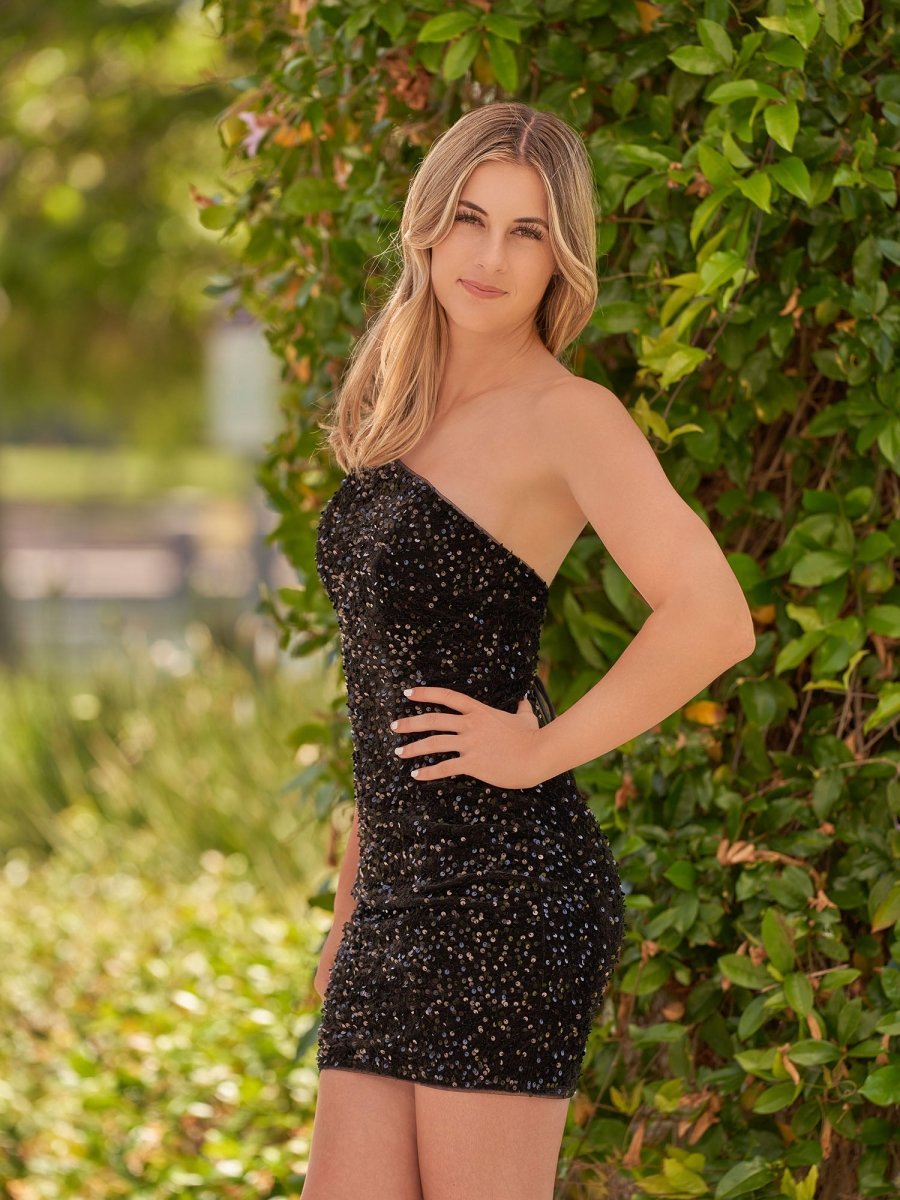 Sevoba|Tight Sequins Black One Shoulder Homecoming Dress