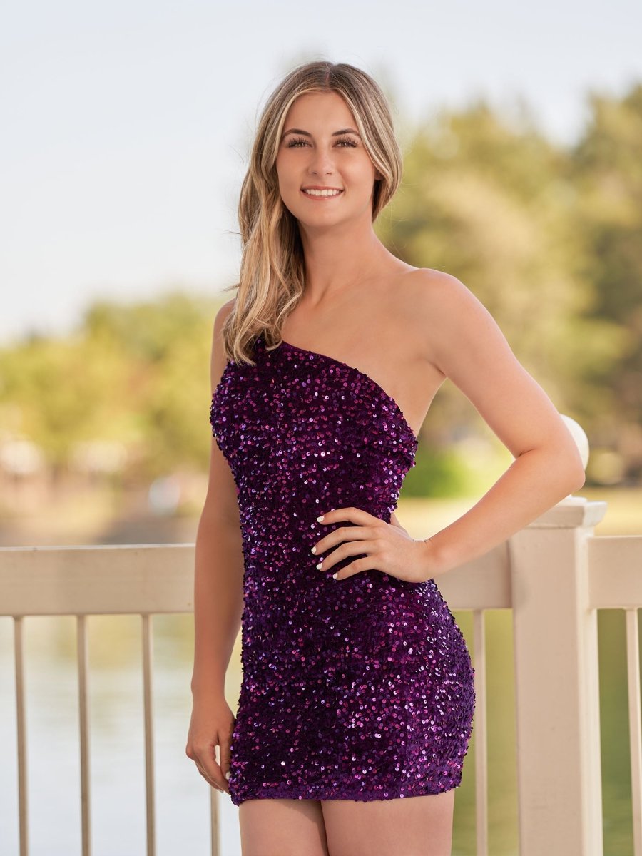 Sevoba|Tight Sequins Black One Shoulder Homecoming Dress