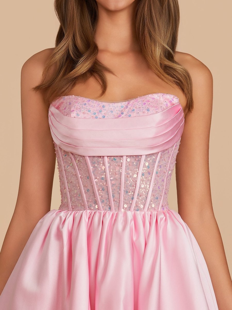Sevoba|Pink - A Line Strapless Satin Corset Short Homecoming Dresses with Sequins