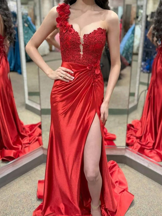 Mandel|Red One-Shoulder 3D Floral Lace Pleated Long Gown with Slit