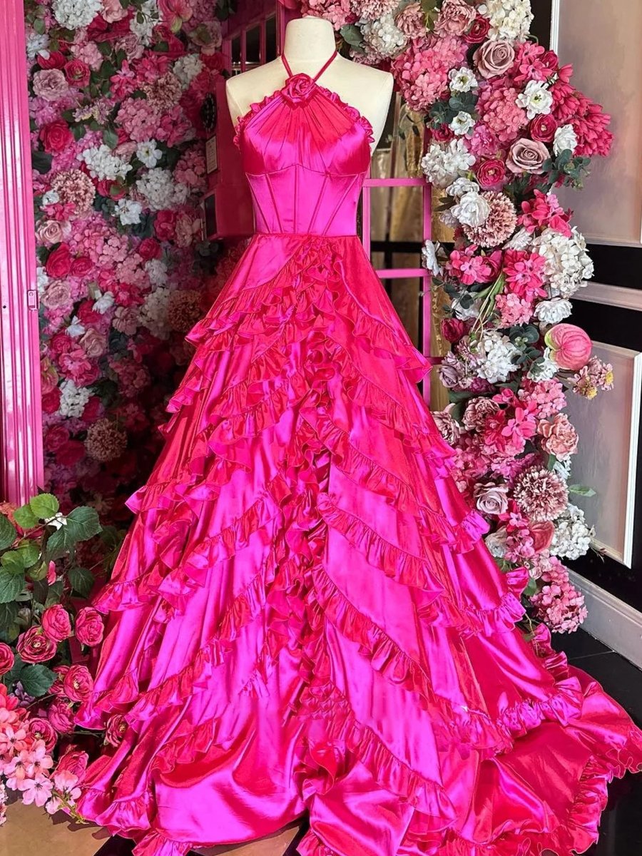 Markel | Fuchsia Halter Neck Tiered Ruffles Long Prom Dress