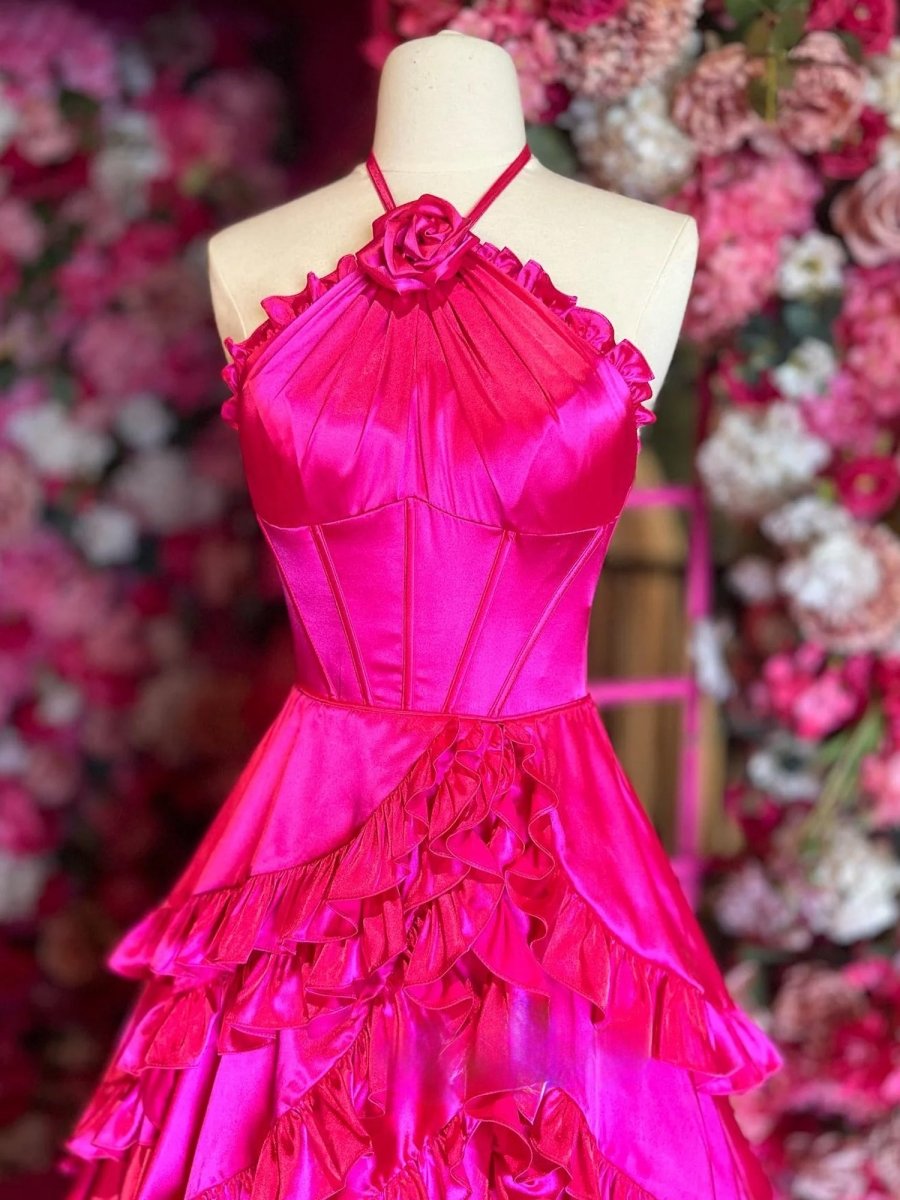 Markel | Fuchsia Halter Neck Tiered Ruffles Long Prom Dress