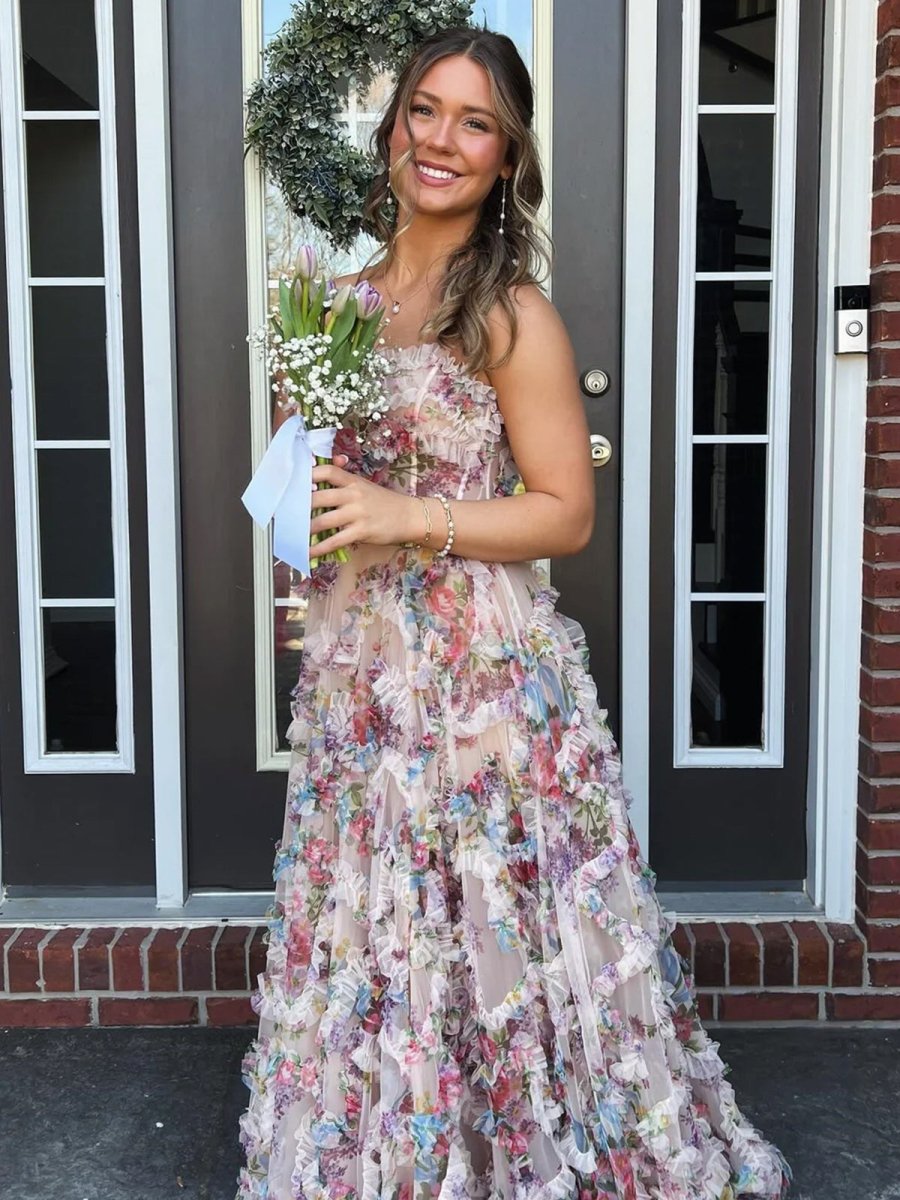 Maud | A-Line Strapless Floral Print Ruffle Long Prom Dress with Slit