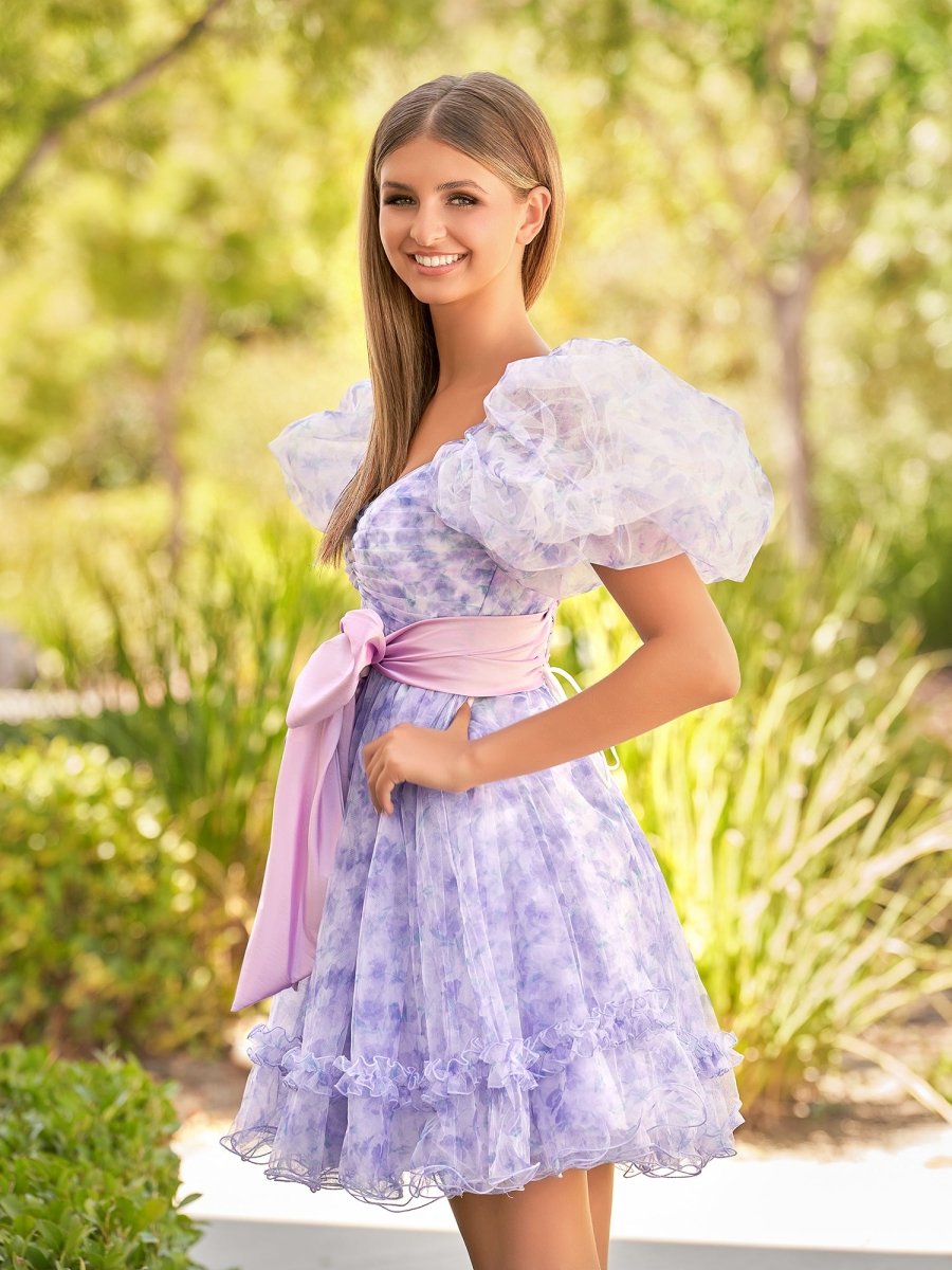 Sevoba|A-Line Sweetheart Lavender Short Homecoming Dress With Puff Sleeves