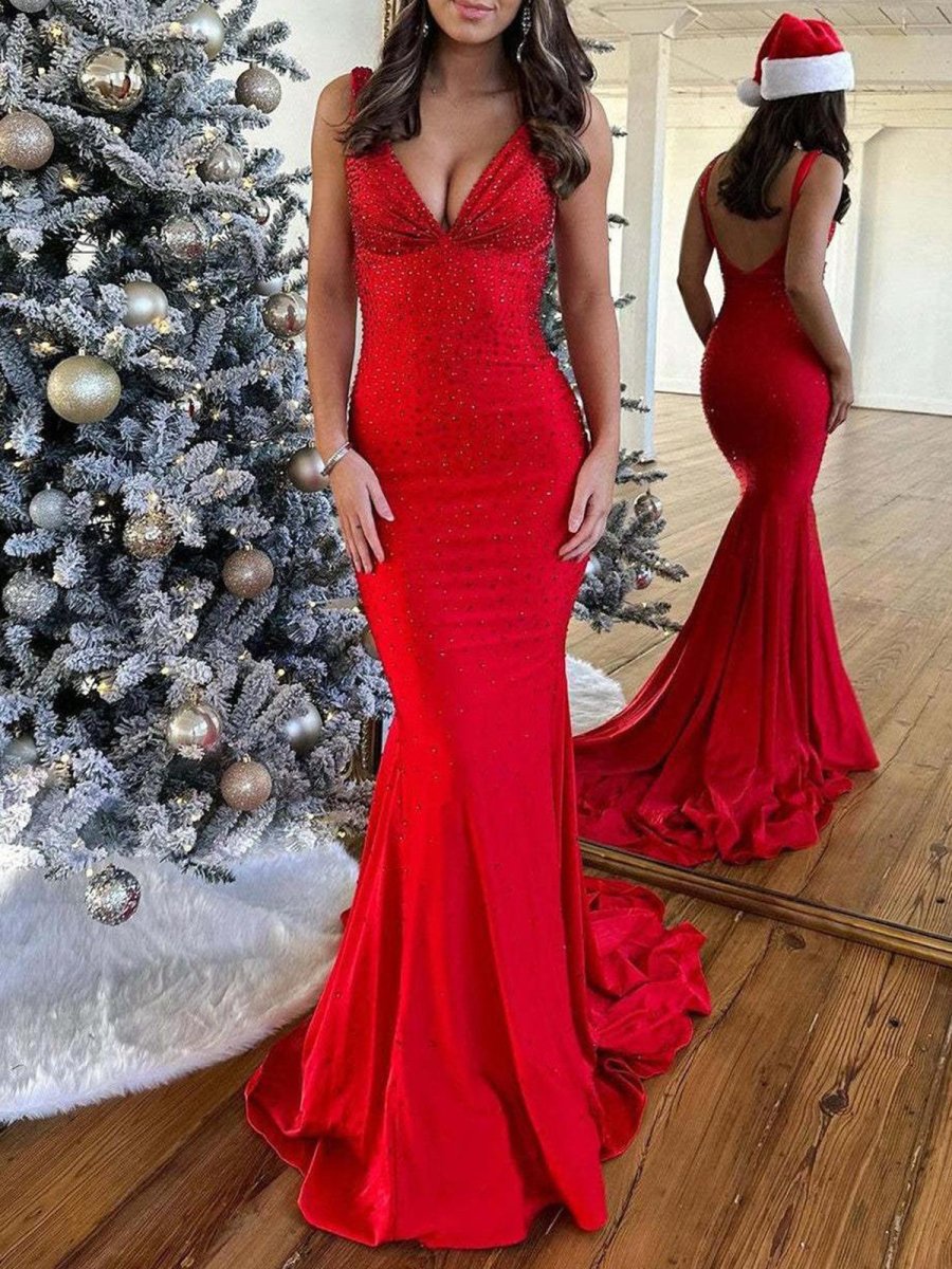 Sevoba | Mermaid Deep V-Neck Beaded Satin Long Prom Dress