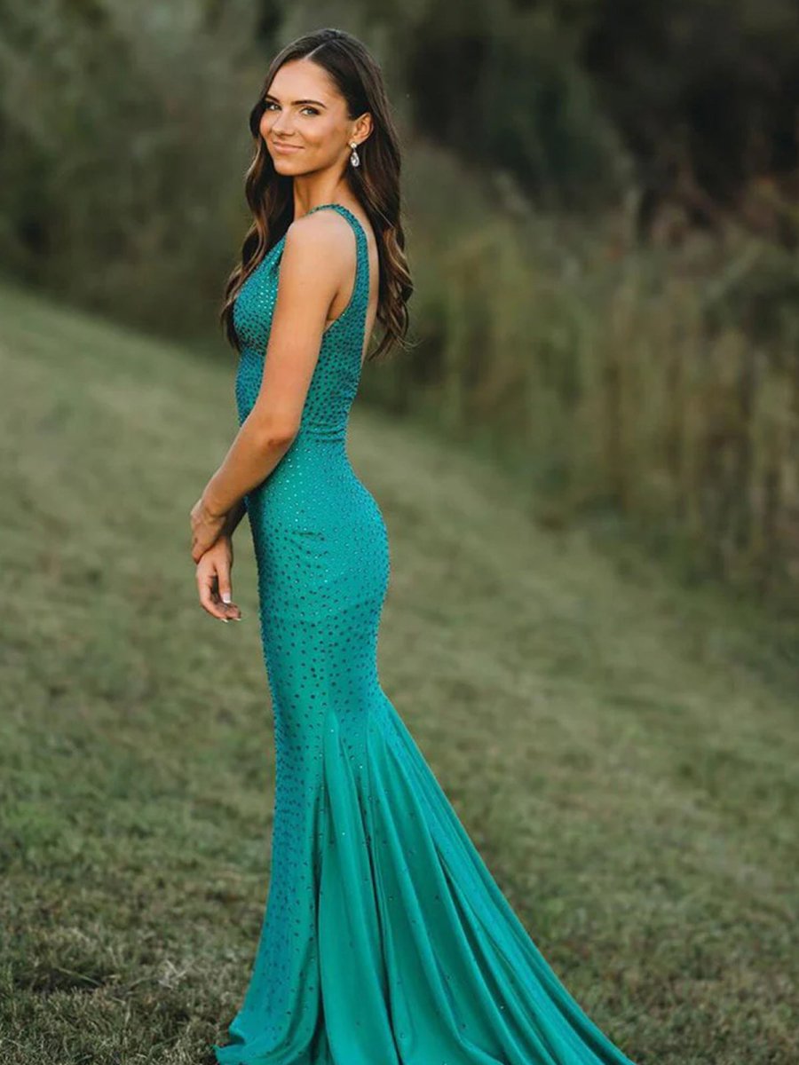 Sevoba | Mermaid Deep V-Neck Beaded Satin Long Prom Dress