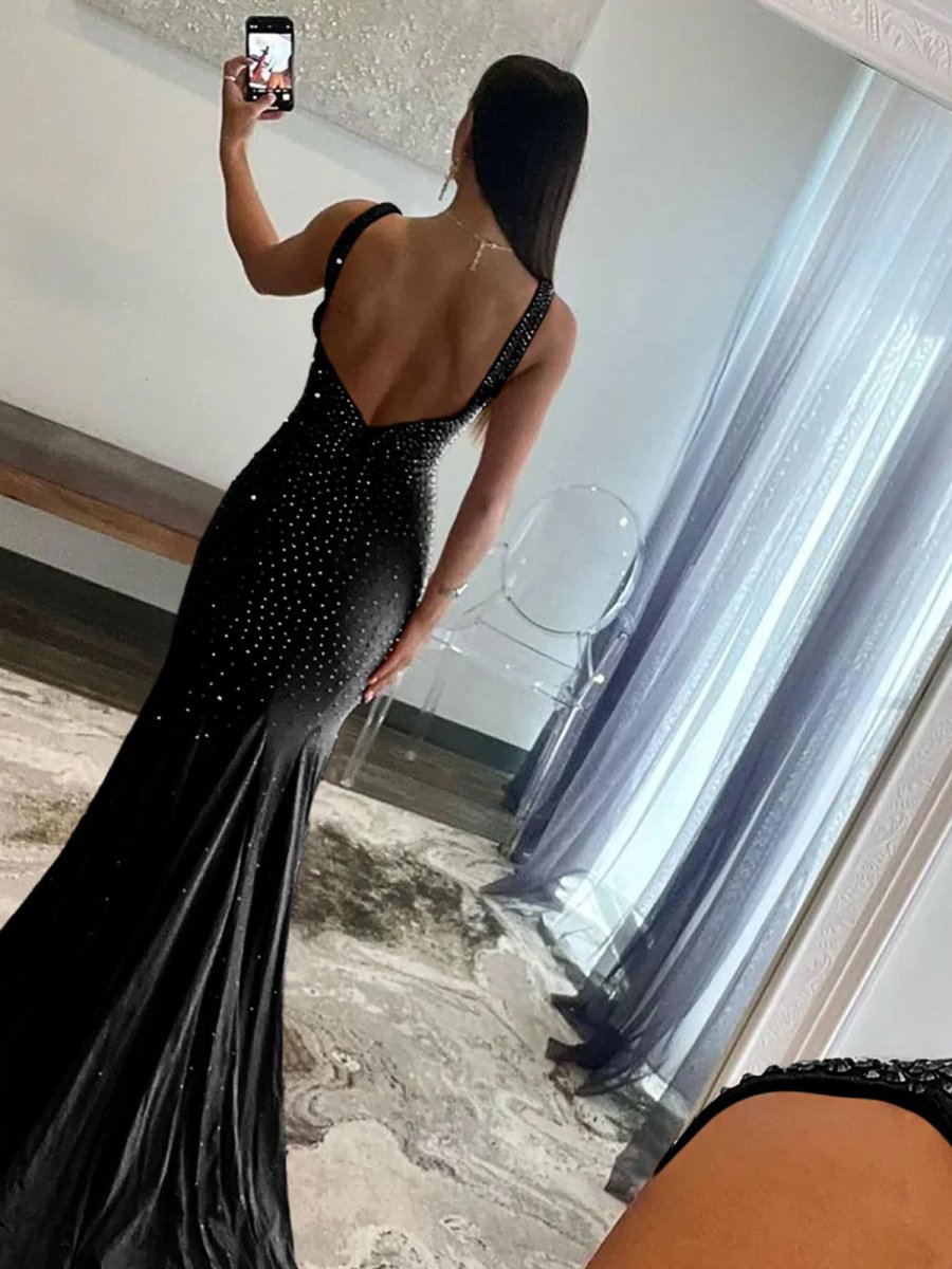 Sevoba | Mermaid Deep V-Neck Beaded Satin Long Prom Dress