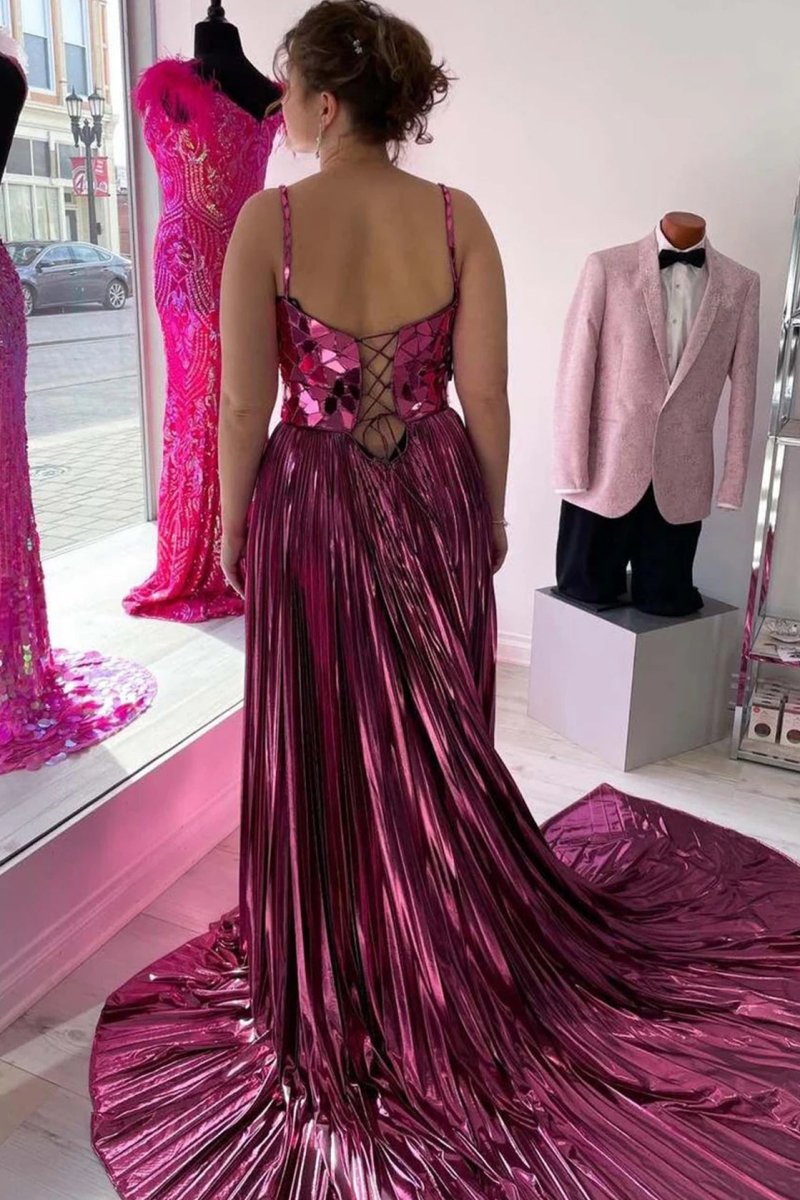 Metallic Off-the-Shoulder Pleated Prom Dress with Broken Mirrors