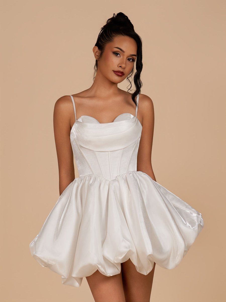 Sevoba|White - A Line Bubble hem Satin Corset Sweetheart Homecoming Dresses