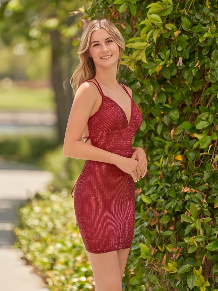 Sevoba|Bodycon V Neck Burgundy Sequins Short Homecoming Dress