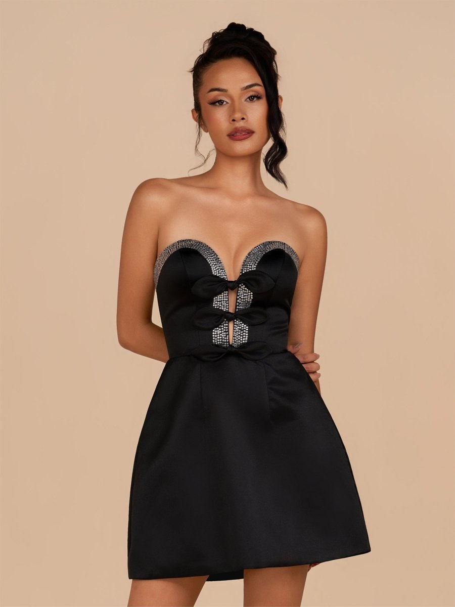 Sevoba|Black - Strapless A-Line Beaded Satin Homecoming Dress With Bow