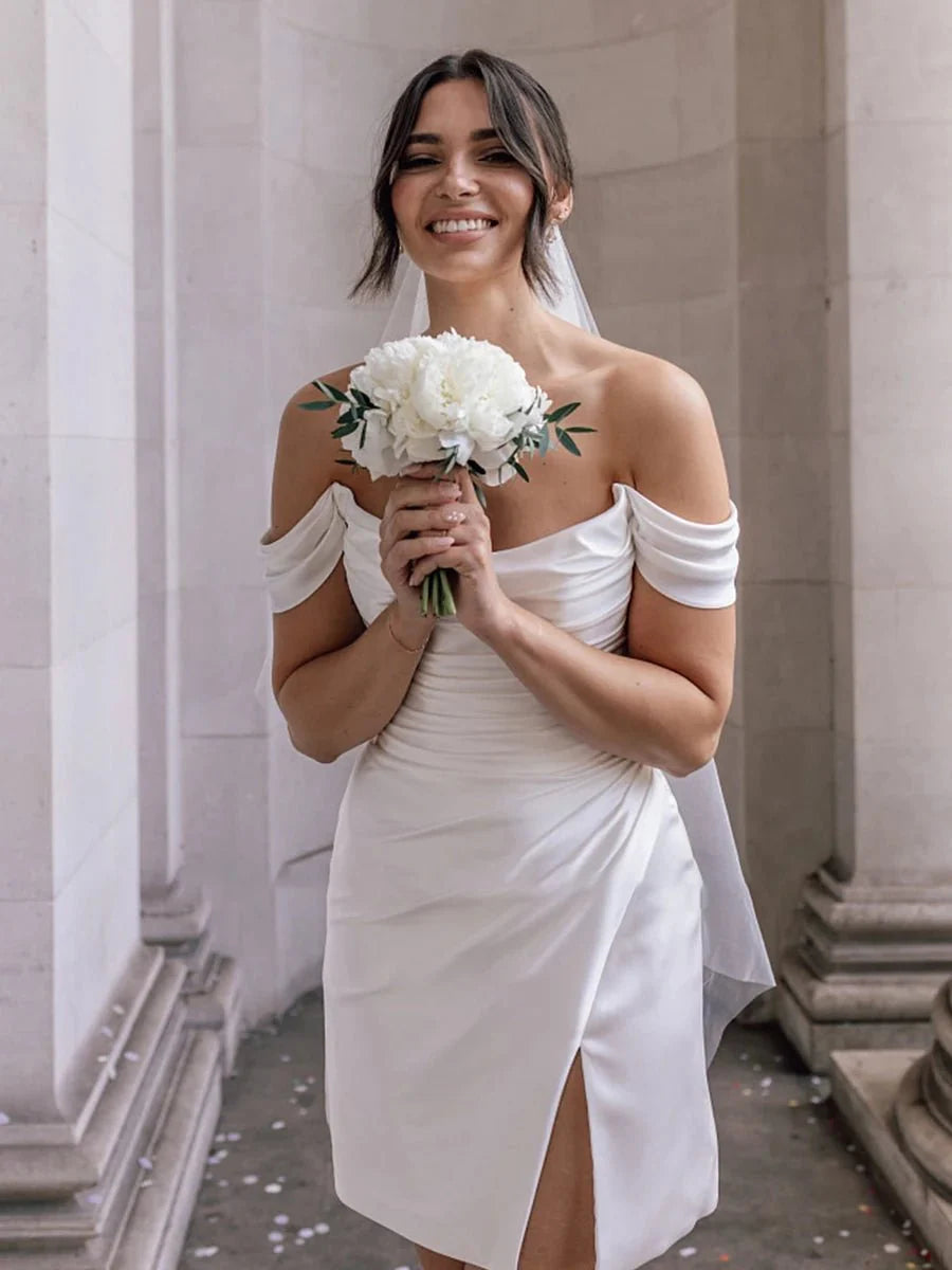 Sevoba|Casual Off-the-Shoulder Short Satin Cowl Neck Simple Formal Wedding Dress With Slit